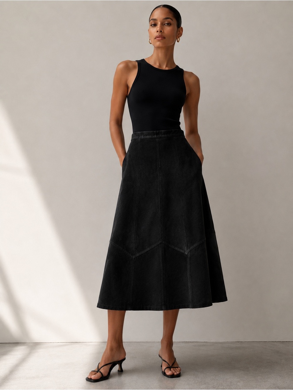 Vintage Black Genuine Leather A-Line Ribbed Maxi Skirt Size 12